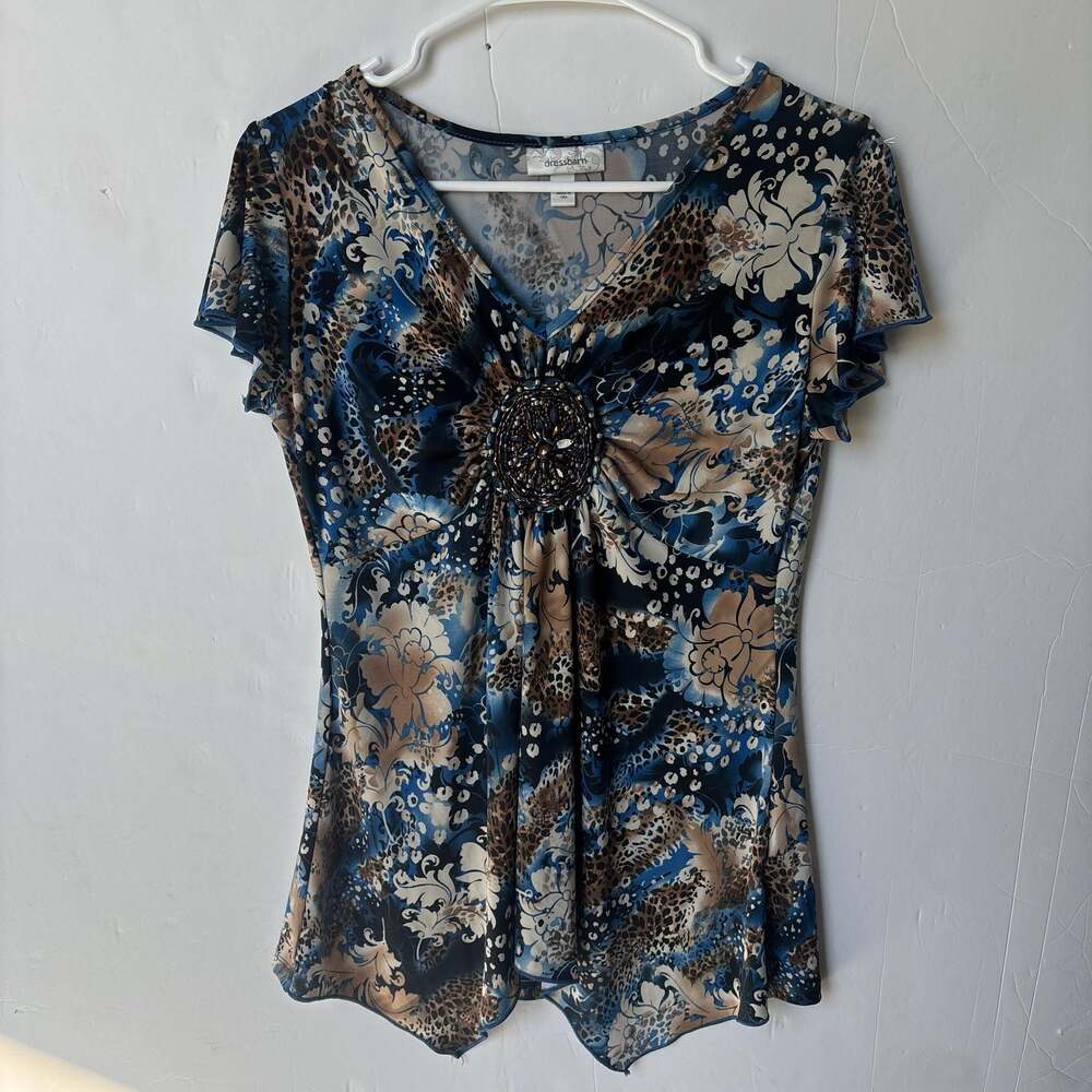 Dressbarn Women's Size S Floral Animal Print Embellished V-Neck Top